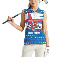 Faroe Islands Christmas Women Sleeveless Polo Shirt with Santa Riding Whale Faroe Flag and Blue Nordic Winter Pattern Design - Wonder Print Shop