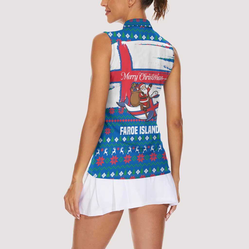 Faroe Islands Christmas Women Sleeveless Polo Shirt with Santa Riding Whale Faroe Flag and Blue Nordic Winter Pattern Design - Wonder Print Shop