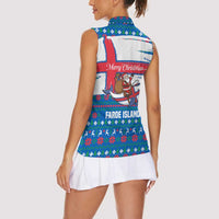 Faroe Islands Christmas Women Sleeveless Polo Shirt with Santa Riding Whale Faroe Flag and Blue Nordic Winter Pattern Design - Wonder Print Shop