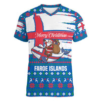 Faroe Islands Christmas Women V-Neck T-Shirt with Santa Riding Whale Faroe Flag and Blue Nordic Winter Pattern Design - Wonder Print Shop
