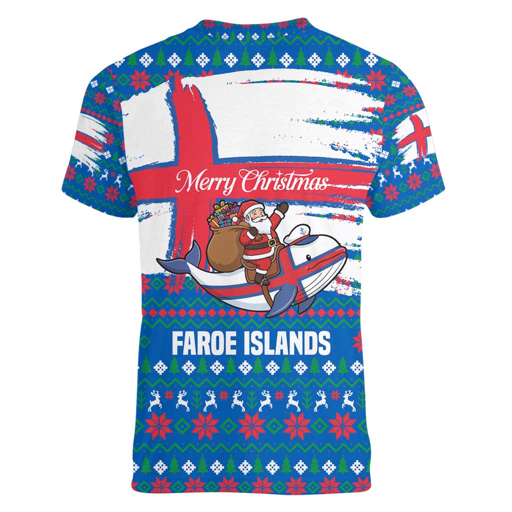 Faroe Islands Christmas Women V-Neck T-Shirt with Santa Riding Whale Faroe Flag and Blue Nordic Winter Pattern Design - Wonder Print Shop