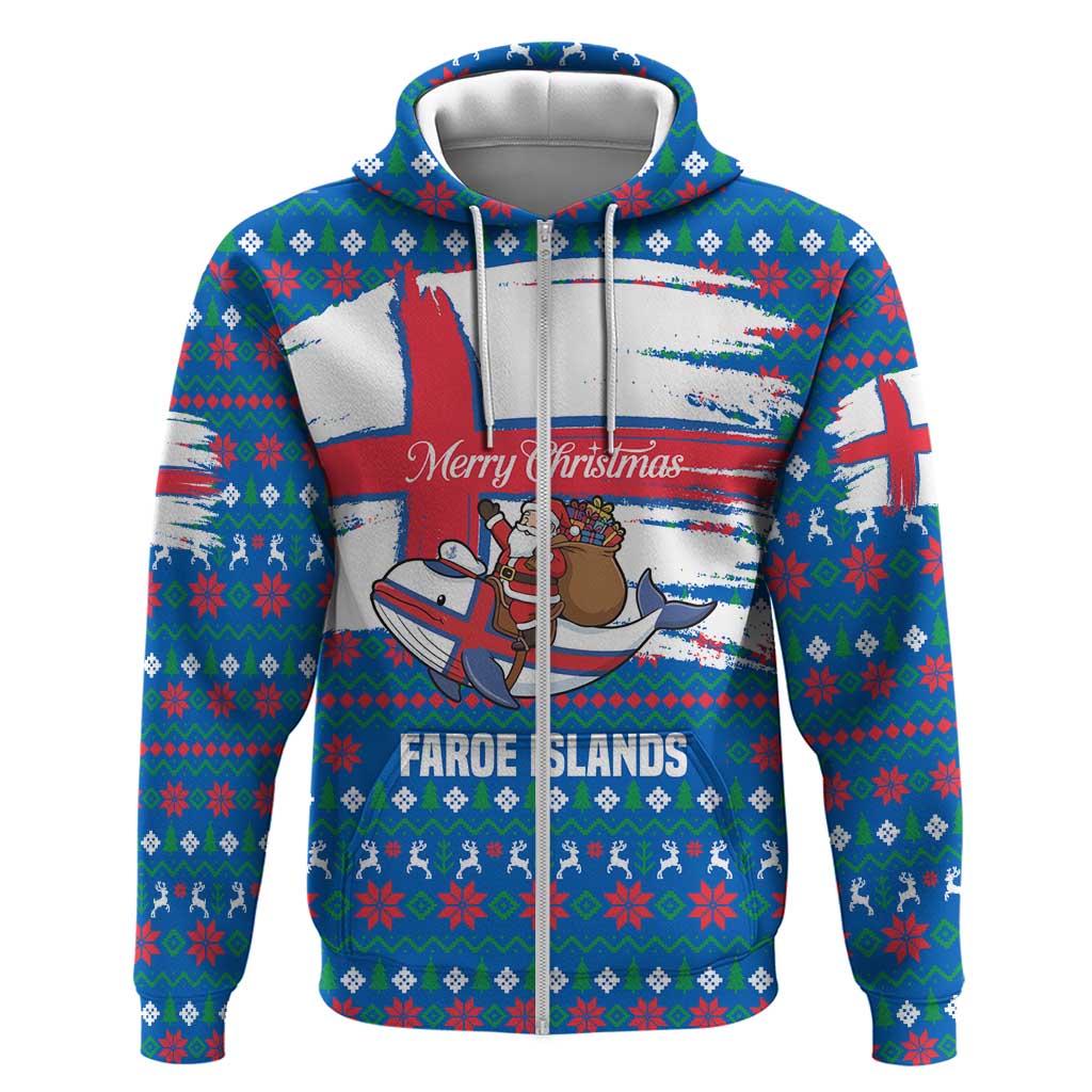 Faroe Islands Christmas Zip Hoodie with Santa Riding Whale Faroe Flag and Blue Nordic Winter Pattern Design - Wonder Print Shop
