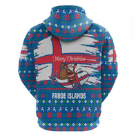 Faroe Islands Christmas Zip Hoodie with Santa Riding Whale Faroe Flag and Blue Nordic Winter Pattern Design - Wonder Print Shop