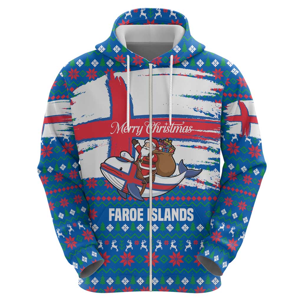 Faroe Islands Christmas Zip Hoodie with Santa Riding Whale Faroe Flag and Blue Nordic Winter Pattern Design - Wonder Print Shop