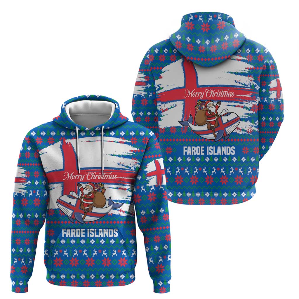 Faroe Islands Christmas Zip Hoodie with Santa Riding Whale Faroe Flag and Blue Nordic Winter Pattern Design - Wonder Print Shop