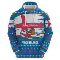 Faroe Islands Christmas Zip Hoodie with Santa Riding Whale Faroe Flag and Blue Nordic Winter Pattern Design - Wonder Print Shop