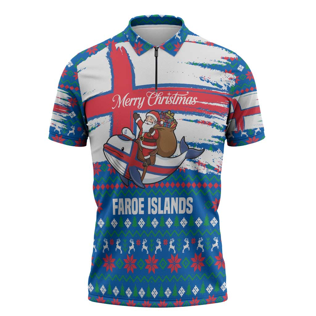 Faroe Islands Christmas Zipper Polo Shirt with Santa Riding Whale Faroe Flag and Blue Nordic Winter Pattern Design - Wonder Print Shop