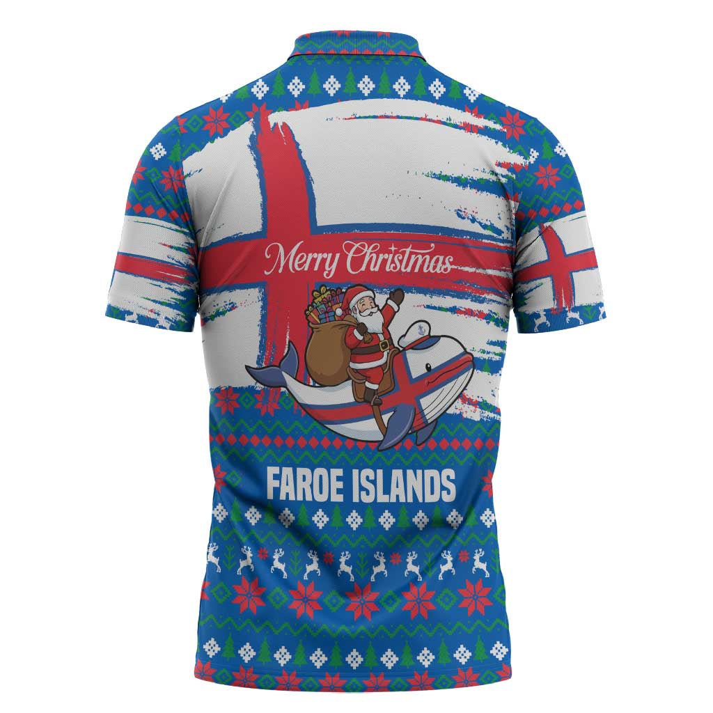 Faroe Islands Christmas Zipper Polo Shirt with Santa Riding Whale Faroe Flag and Blue Nordic Winter Pattern Design - Wonder Print Shop