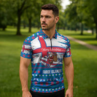 Faroe Islands Christmas Zipper Polo Shirt with Santa Riding Whale Faroe Flag and Blue Nordic Winter Pattern Design - Wonder Print Shop