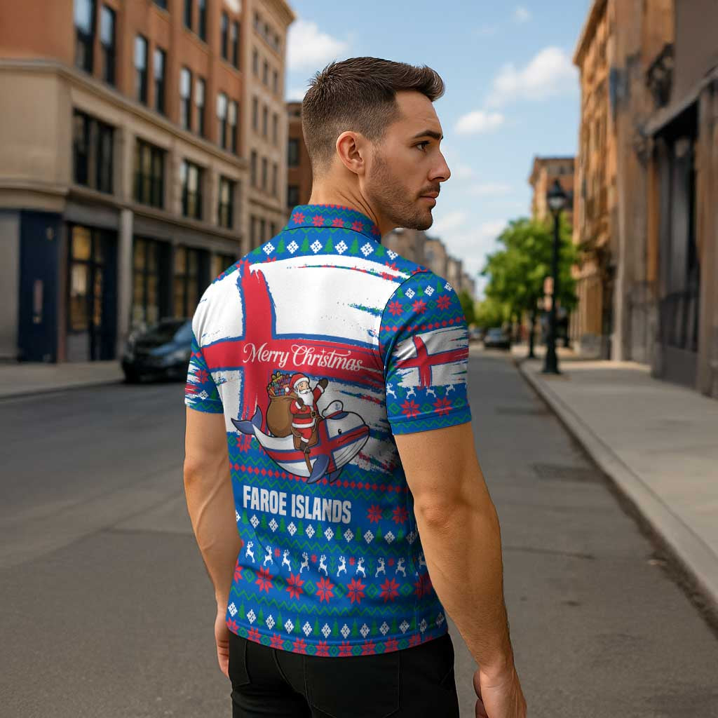 Faroe Islands Christmas Zipper Polo Shirt with Santa Riding Whale Faroe Flag and Blue Nordic Winter Pattern Design - Wonder Print Shop