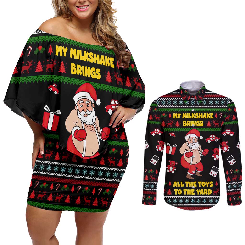 My Milkshake Bring Christmas Design Couples Matching Off Shoulder Short Dress and Long Sleeve Button Shirt Xmas Holiday Patterns - Wonder Print Shop