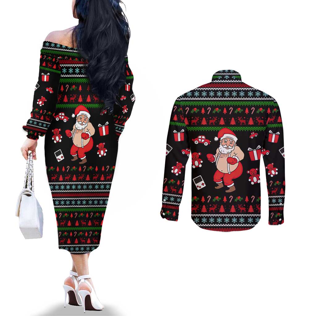 My Milkshake Bring Christmas Design Couples Matching Off The Shoulder Long Sleeve Dress and Long Sleeve Button Shirt Xmas Holiday Patterns - Wonder Print Shop