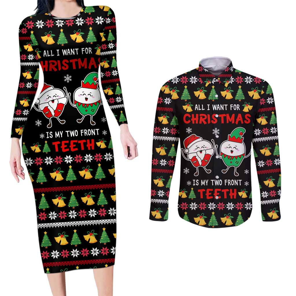My Two Front Teeth Christmas Design Couples Matching Long Sleeve Bodycon Dress and Long Sleeve Button Shirt Xmas Holiday Patterns - Wonder Print Shop