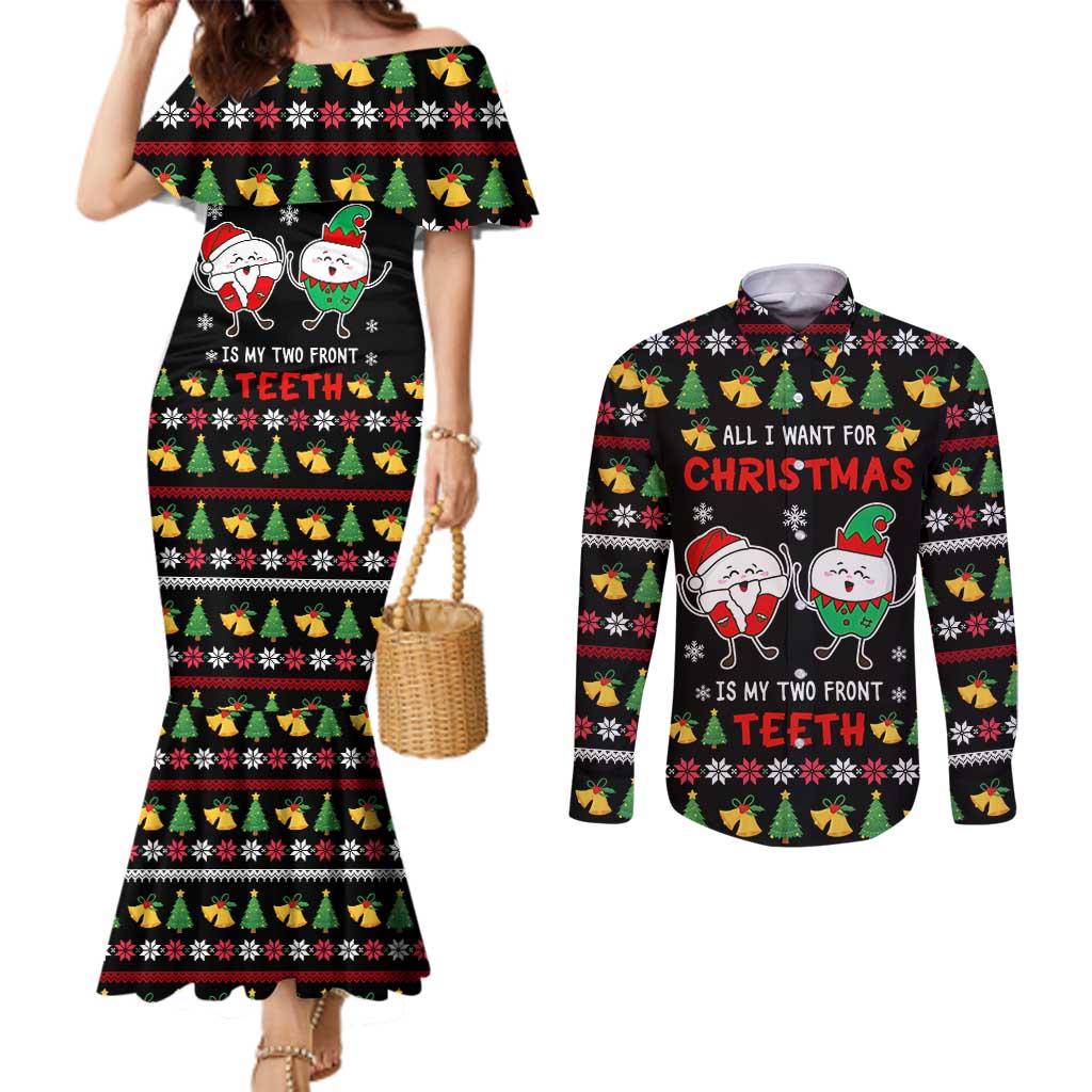 My Two Front Teeth Christmas Design Couples Matching Mermaid Dress and Long Sleeve Button Shirt Xmas Holiday Patterns - Wonder Print Shop