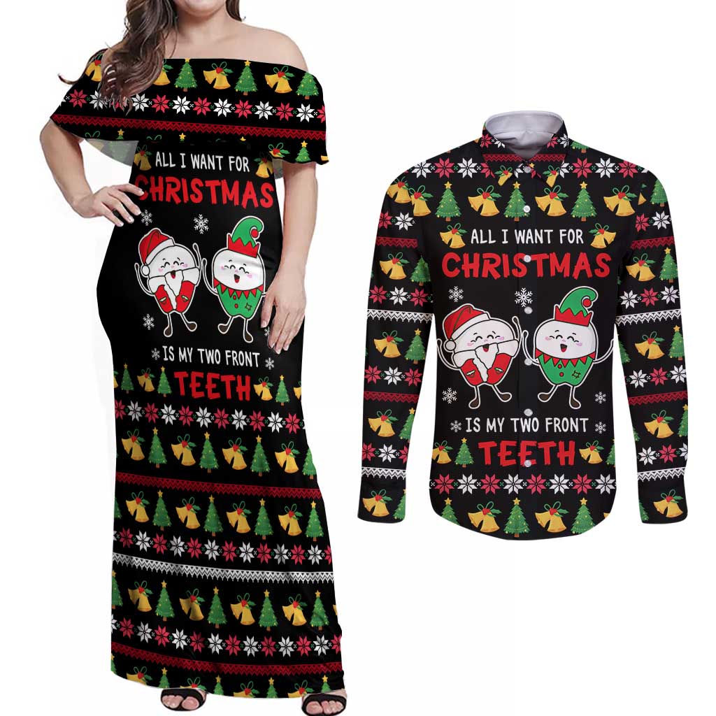My Two Front Teeth Christmas Design Couples Matching Off Shoulder Maxi Dress and Long Sleeve Button Shirt Xmas Holiday Patterns - Wonder Print Shop