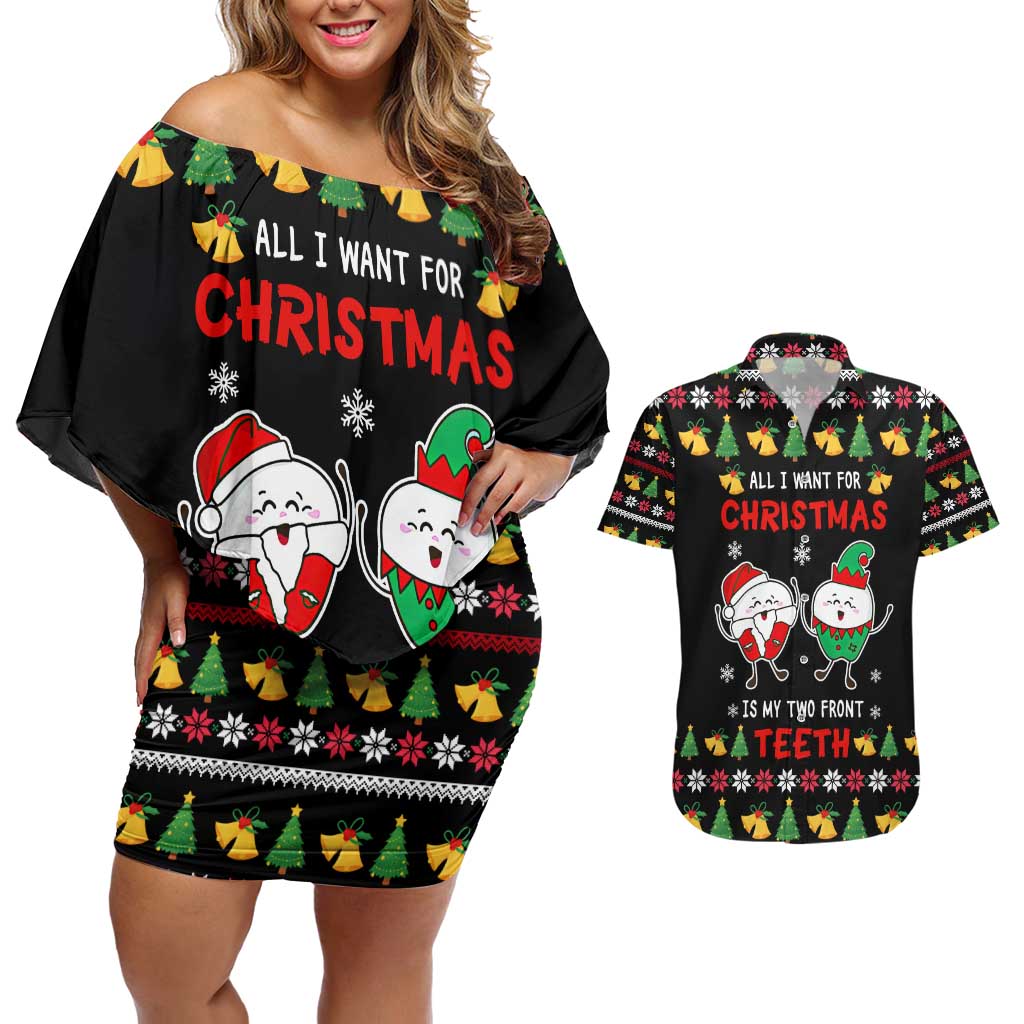 My Two Front Teeth Christmas Design Couples Matching Off Shoulder Short Dress and Hawaiian Shirt Xmas Holiday Patterns - Wonder Print Shop