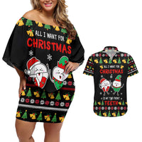 My Two Front Teeth Christmas Design Couples Matching Off Shoulder Short Dress and Hawaiian Shirt Xmas Holiday Patterns - Wonder Print Shop