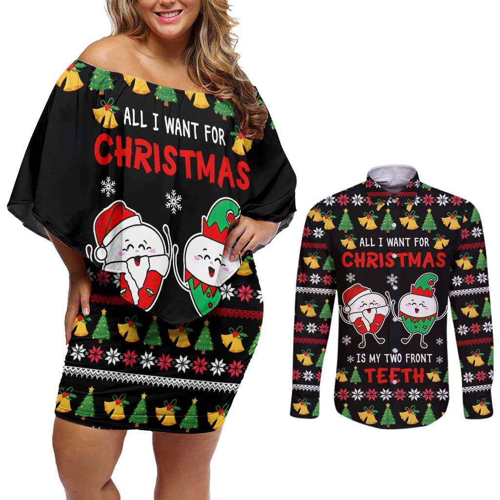 My Two Front Teeth Christmas Design Couples Matching Off Shoulder Short Dress and Long Sleeve Button Shirt Xmas Holiday Patterns - Wonder Print Shop