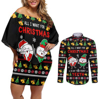 My Two Front Teeth Christmas Design Couples Matching Off Shoulder Short Dress and Long Sleeve Button Shirt Xmas Holiday Patterns - Wonder Print Shop