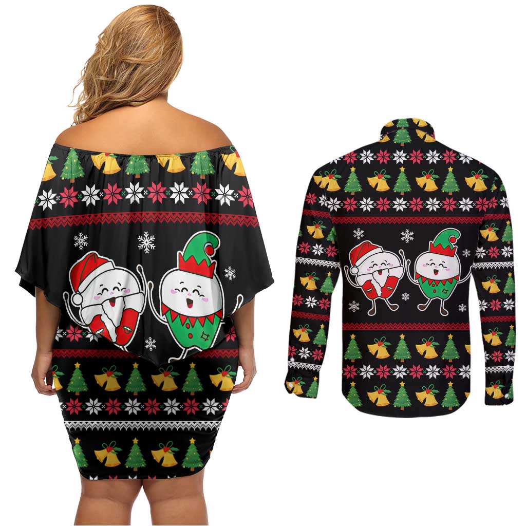My Two Front Teeth Christmas Design Couples Matching Off Shoulder Short Dress and Long Sleeve Button Shirt Xmas Holiday Patterns - Wonder Print Shop