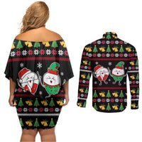 My Two Front Teeth Christmas Design Couples Matching Off Shoulder Short Dress and Long Sleeve Button Shirt Xmas Holiday Patterns - Wonder Print Shop