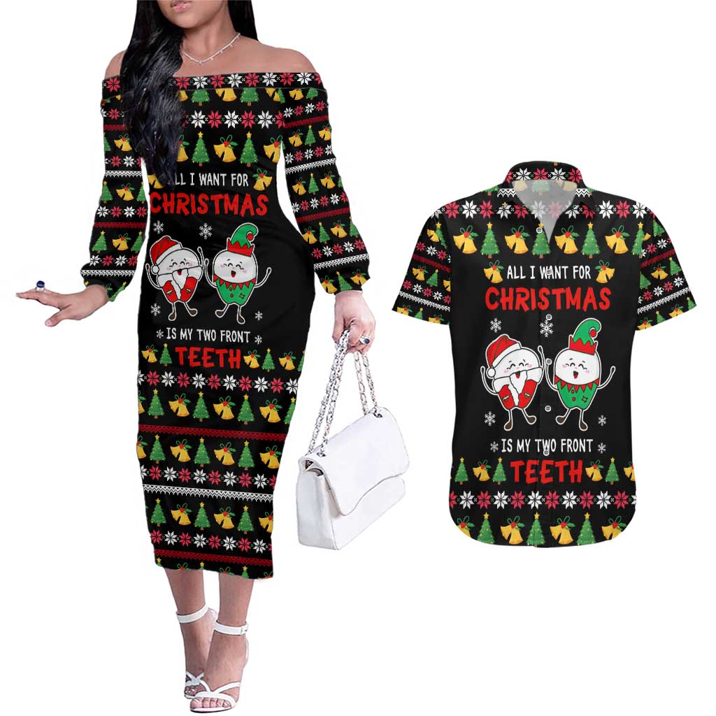 My Two Front Teeth Christmas Design Couples Matching Off The Shoulder Long Sleeve Dress and Hawaiian Shirt Xmas Holiday Patterns - Wonder Print Shop