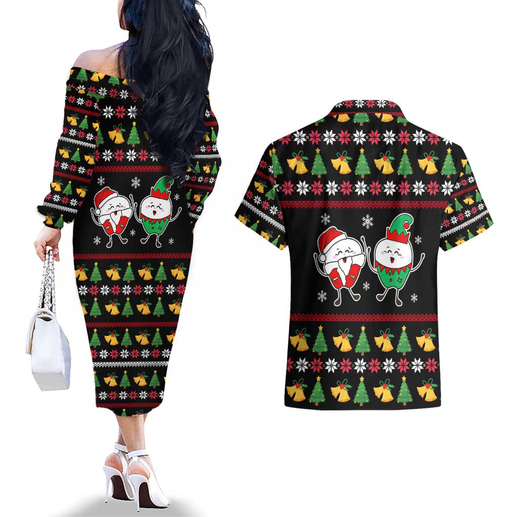 My Two Front Teeth Christmas Design Couples Matching Off The Shoulder Long Sleeve Dress and Hawaiian Shirt Xmas Holiday Patterns - Wonder Print Shop
