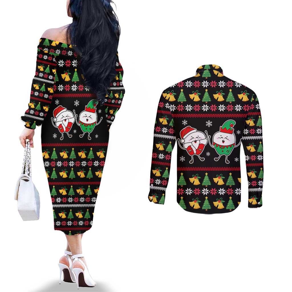 My Two Front Teeth Christmas Design Couples Matching Off The Shoulder Long Sleeve Dress and Long Sleeve Button Shirt Xmas Holiday Patterns - Wonder Print Shop