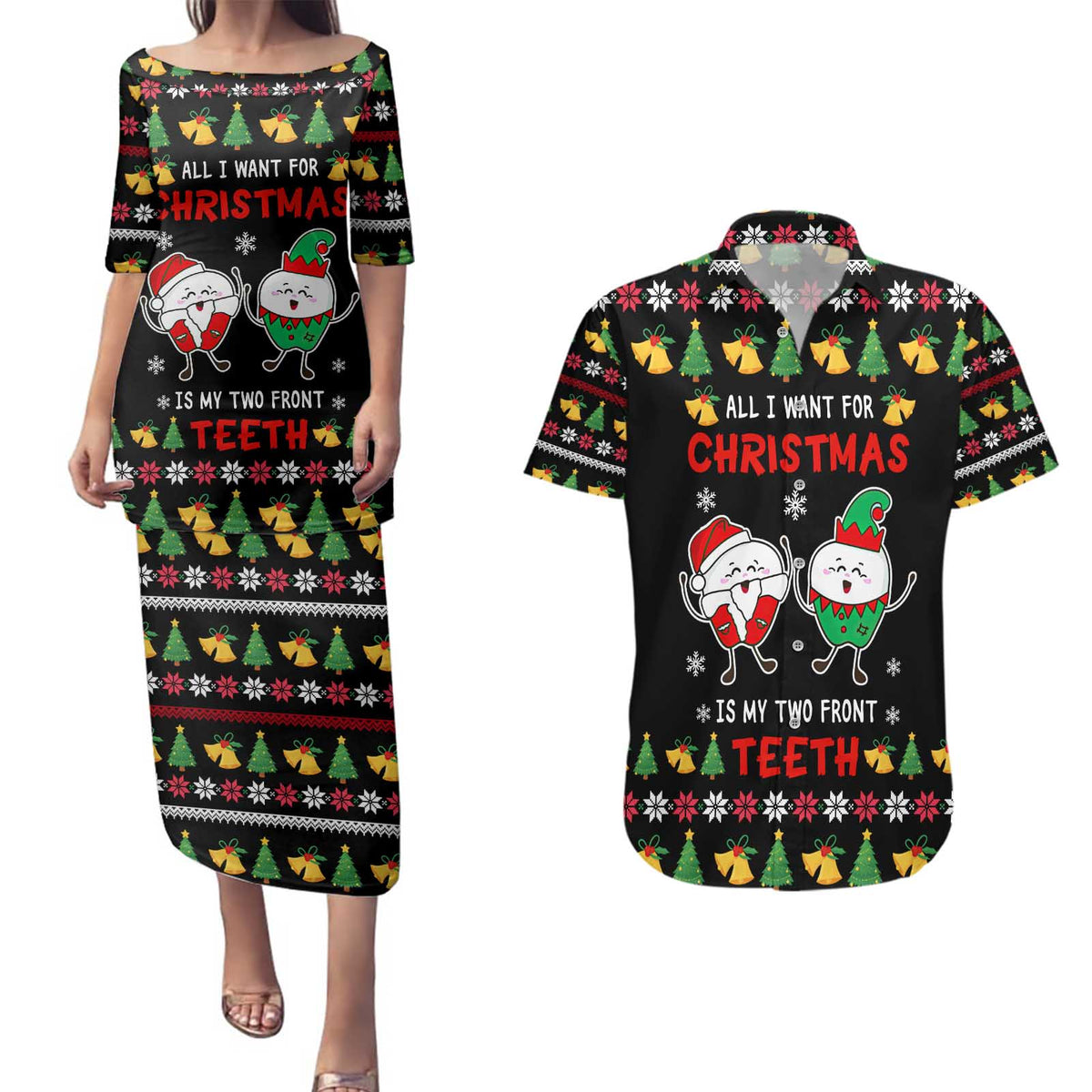 My Two Front Teeth Christmas Design Couples Matching Puletasi and Hawaiian Shirt Xmas Holiday Patterns - Wonder Print Shop