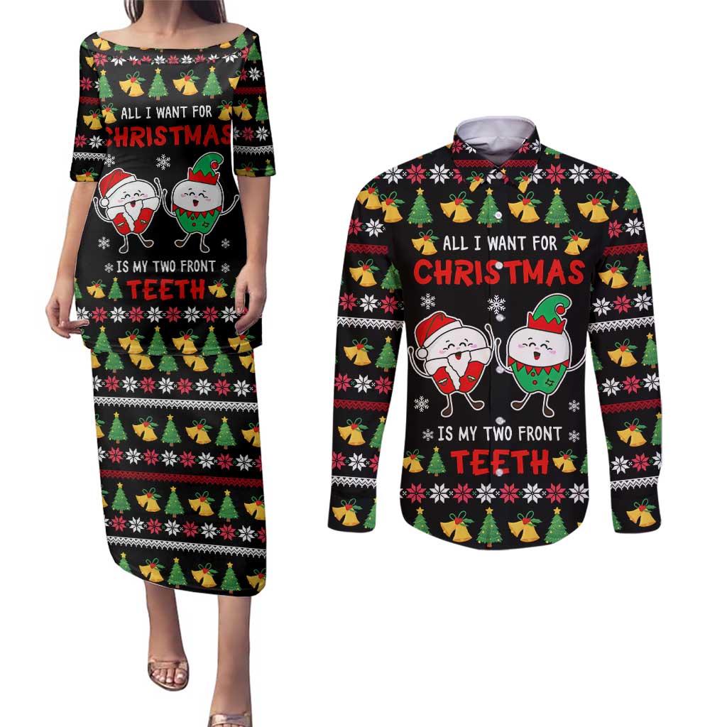 My Two Front Teeth Christmas Design Couples Matching Puletasi and Long Sleeve Button Shirt Xmas Holiday Patterns - Wonder Print Shop