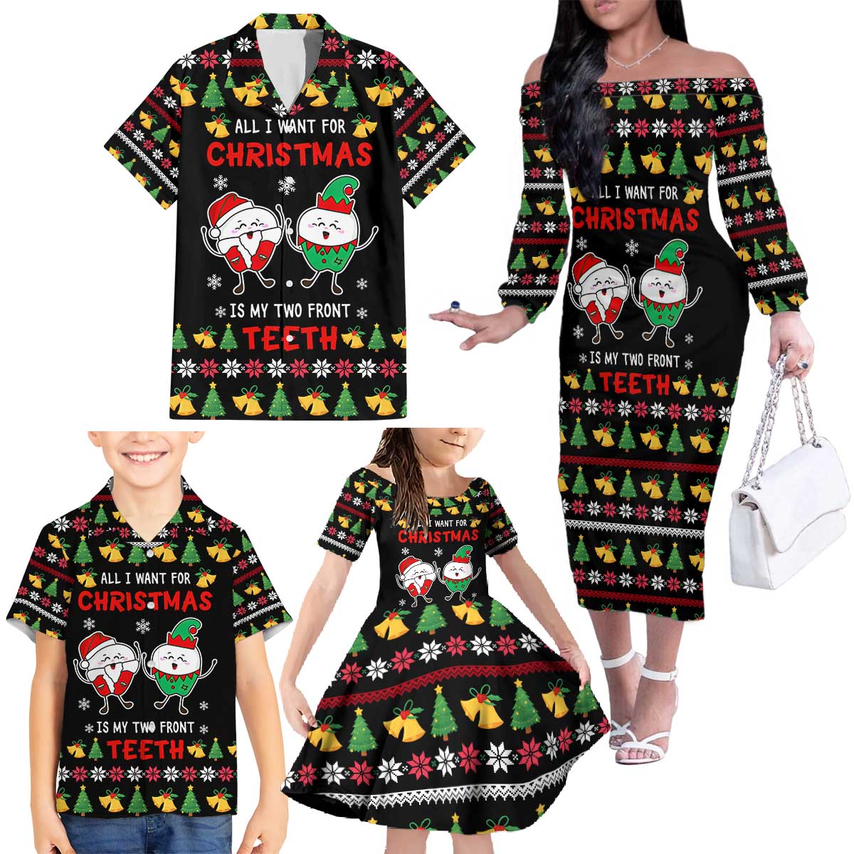 My Two Front Teeth Christmas Design Family Matching Off The Shoulder Long Sleeve Dress and Hawaiian Shirt Xmas Holiday Patterns - Wonder Print Shop