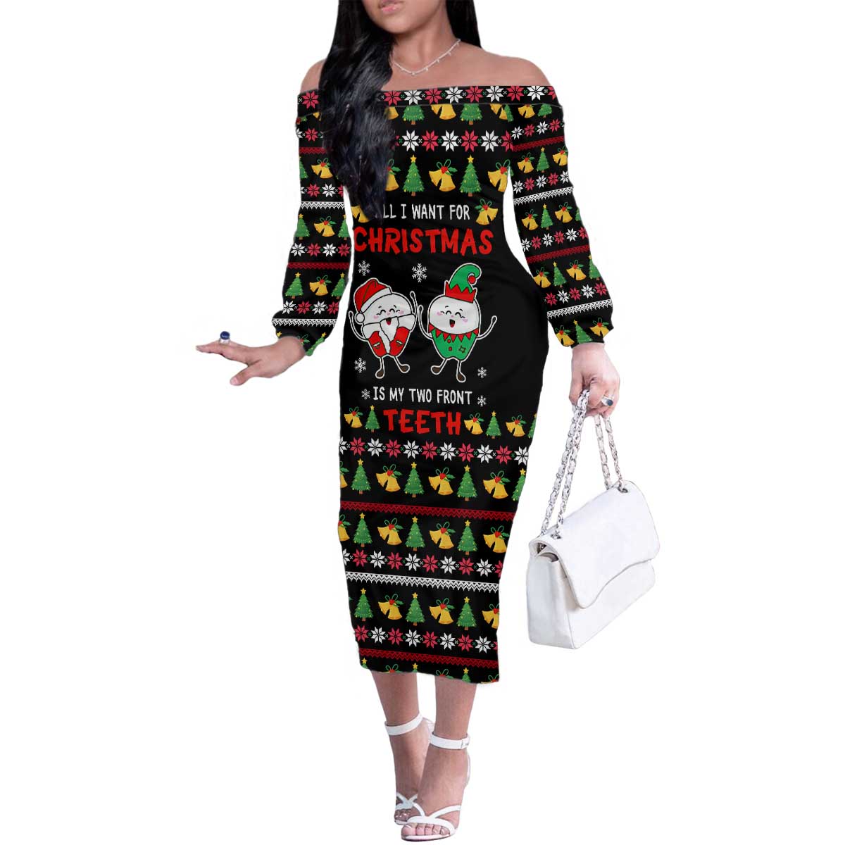 My Two Front Teeth Christmas Design Family Matching Off The Shoulder Long Sleeve Dress and Hawaiian Shirt Xmas Holiday Patterns - Wonder Print Shop