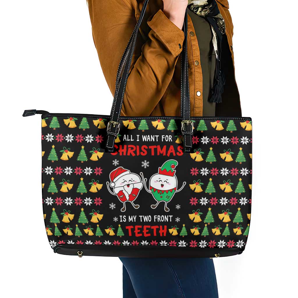 My Two Front Teeth Christmas Design Leather Tote Bag Xmas Holiday Patterns - Wonder Print Shop