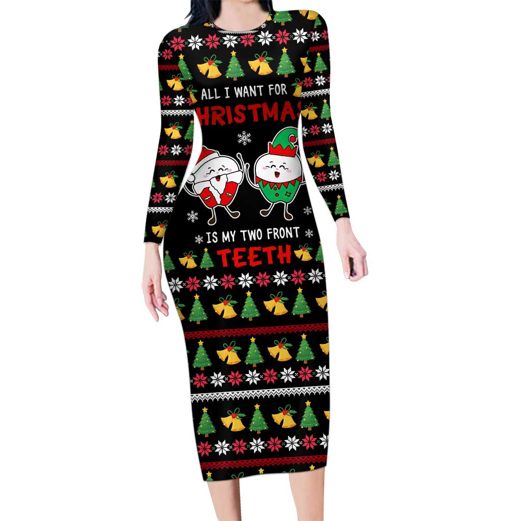 My Two Front Teeth Christmas Design Long Sleeve Bodycon Dress Xmas Holiday Patterns - Wonder Print Shop