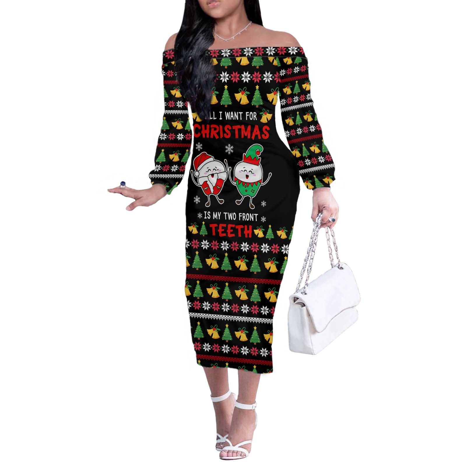 My Two Front Teeth Christmas Design Off The Shoulder Long Sleeve Dress Xmas Holiday Patterns - Wonder Print Shop