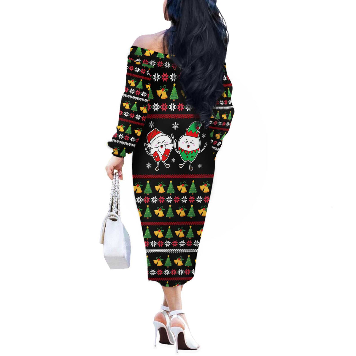 My Two Front Teeth Christmas Design Off The Shoulder Long Sleeve Dress Xmas Holiday Patterns - Wonder Print Shop