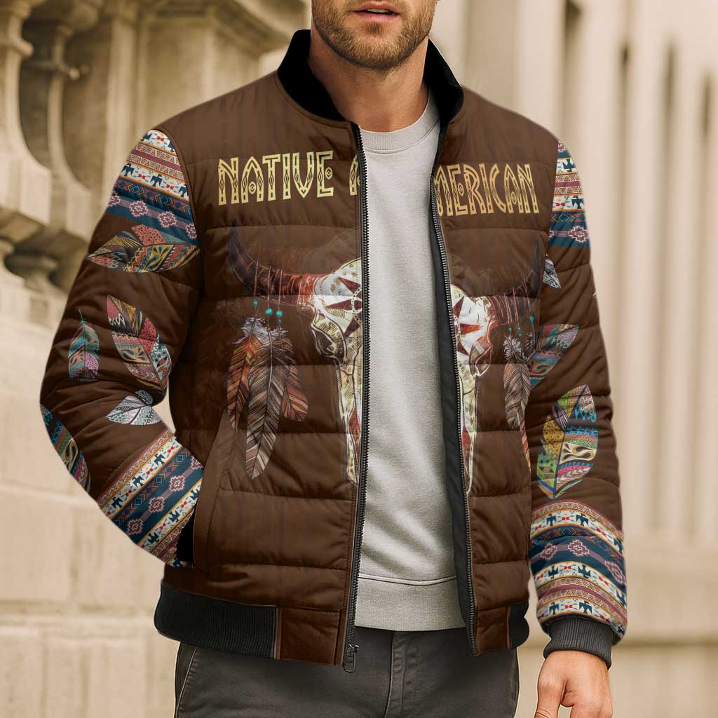Native Skull Christmas Design Bomber Puffer Jacket Xmas Holiday Patterns - Wonder Print Shop