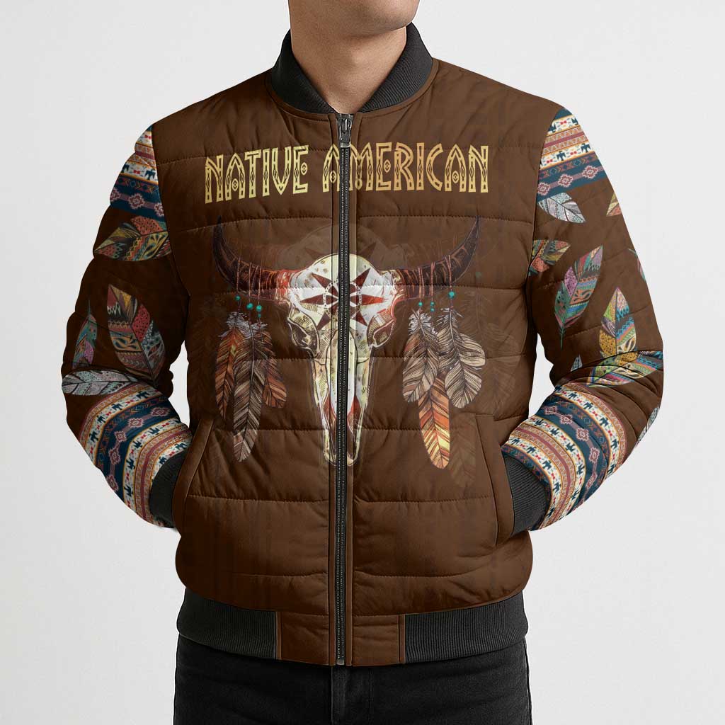 Native Skull Christmas Design Bomber Puffer Jacket Xmas Holiday Patterns - Wonder Print Shop
