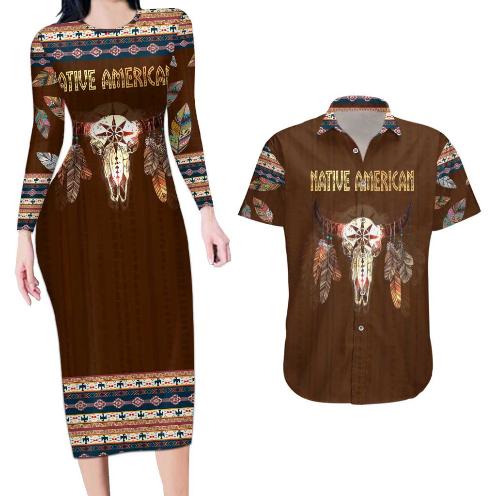 Native Skull Christmas Design Couples Matching Long Sleeve Bodycon Dress and Hawaiian Shirt Xmas Holiday Patterns - Wonder Print Shop