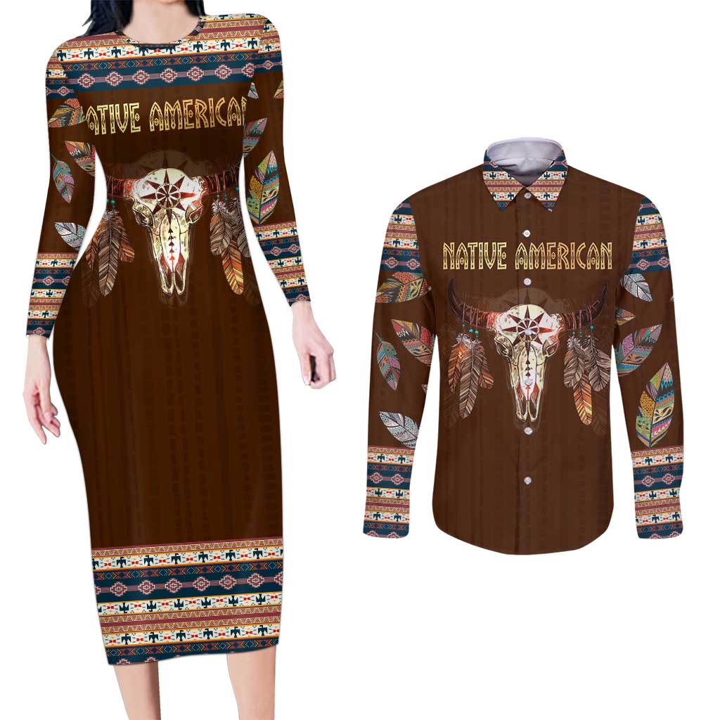 Native Skull Christmas Design Couples Matching Long Sleeve Bodycon Dress and Long Sleeve Button Shirt Xmas Holiday Patterns - Wonder Print Shop