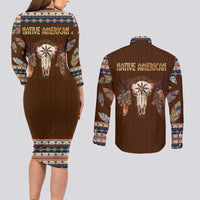 Native Skull Christmas Design Couples Matching Long Sleeve Bodycon Dress and Long Sleeve Button Shirt Xmas Holiday Patterns - Wonder Print Shop