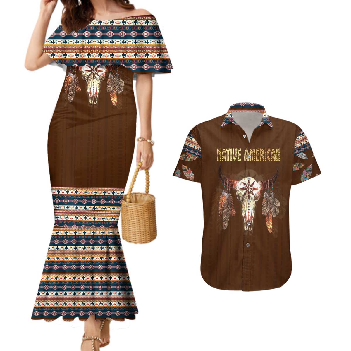 Native Skull Christmas Design Couples Matching Mermaid Dress and Hawaiian Shirt Xmas Holiday Patterns - Wonder Print Shop