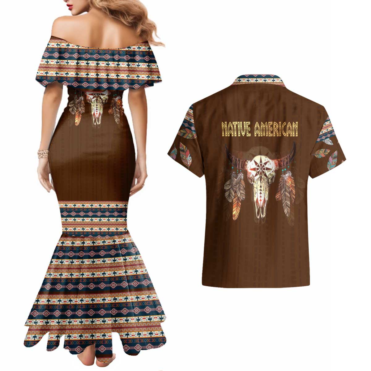 Native Skull Christmas Design Couples Matching Mermaid Dress and Hawaiian Shirt Xmas Holiday Patterns - Wonder Print Shop