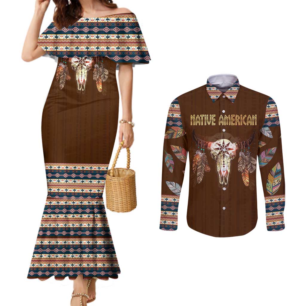 Native Skull Christmas Design Couples Matching Mermaid Dress and Long Sleeve Button Shirt Xmas Holiday Patterns - Wonder Print Shop