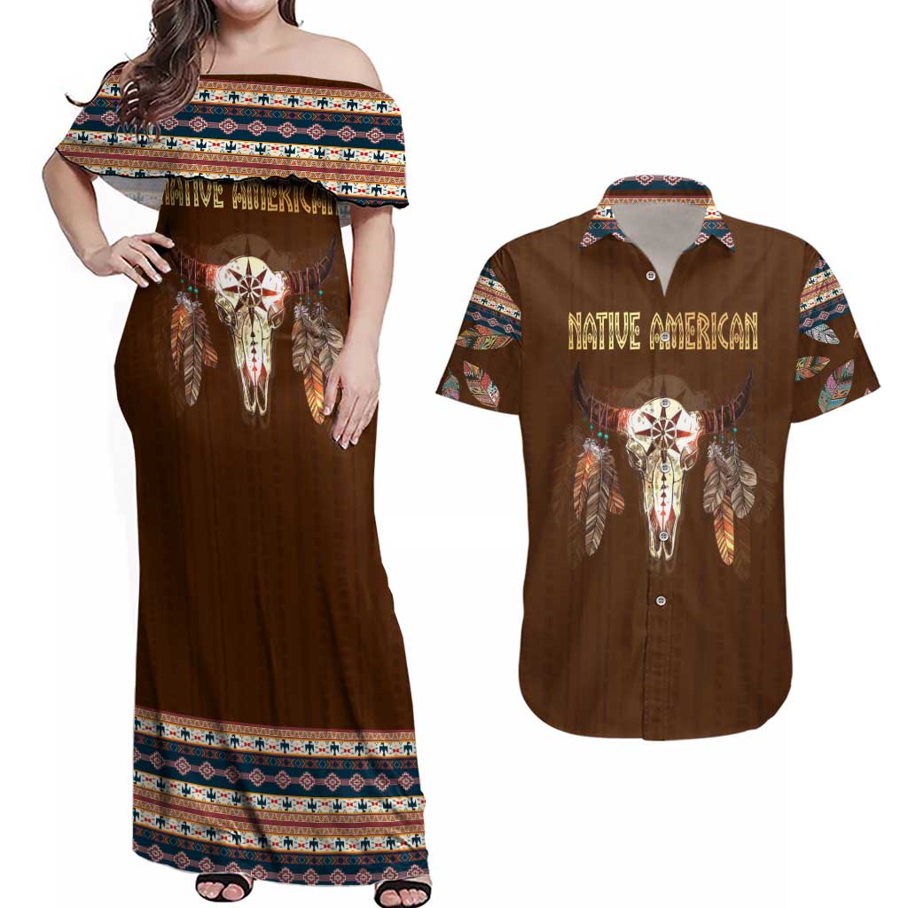 Native Skull Christmas Design Couples Matching Off Shoulder Maxi Dress and Hawaiian Shirt Xmas Holiday Patterns - Wonder Print Shop