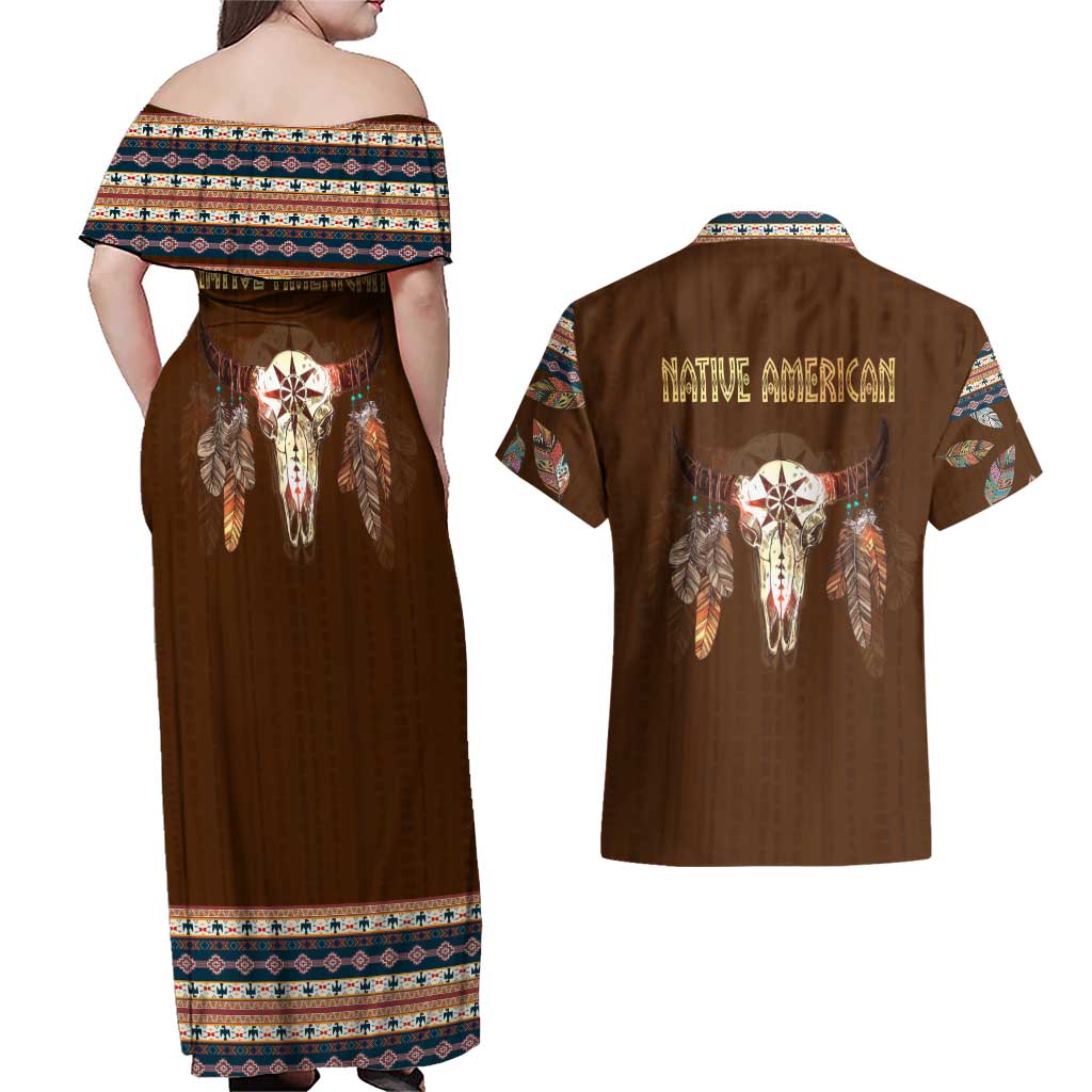 Native Skull Christmas Design Couples Matching Off Shoulder Maxi Dress and Hawaiian Shirt Xmas Holiday Patterns - Wonder Print Shop