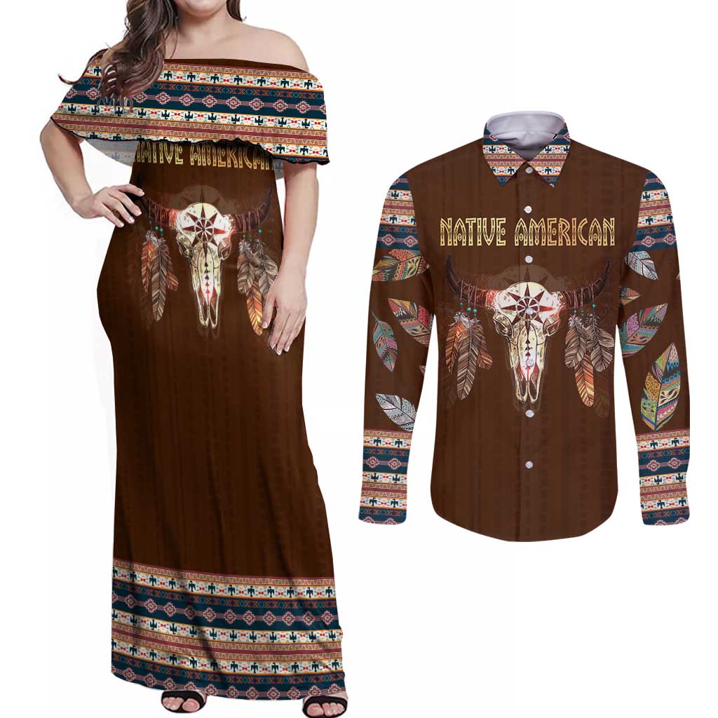Native Skull Christmas Design Couples Matching Off Shoulder Maxi Dress and Long Sleeve Button Shirt Xmas Holiday Patterns - Wonder Print Shop