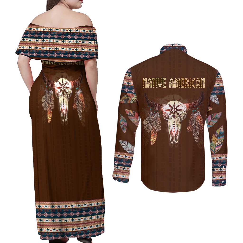 Native Skull Christmas Design Couples Matching Off Shoulder Maxi Dress and Long Sleeve Button Shirt Xmas Holiday Patterns - Wonder Print Shop