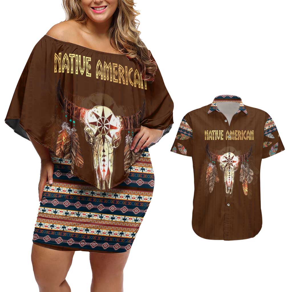 Native Skull Christmas Design Couples Matching Off Shoulder Short Dress and Hawaiian Shirt Xmas Holiday Patterns - Wonder Print Shop