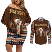 Native Skull Christmas Design Couples Matching Off Shoulder Short Dress and Long Sleeve Button Shirt Xmas Holiday Patterns - Wonder Print Shop